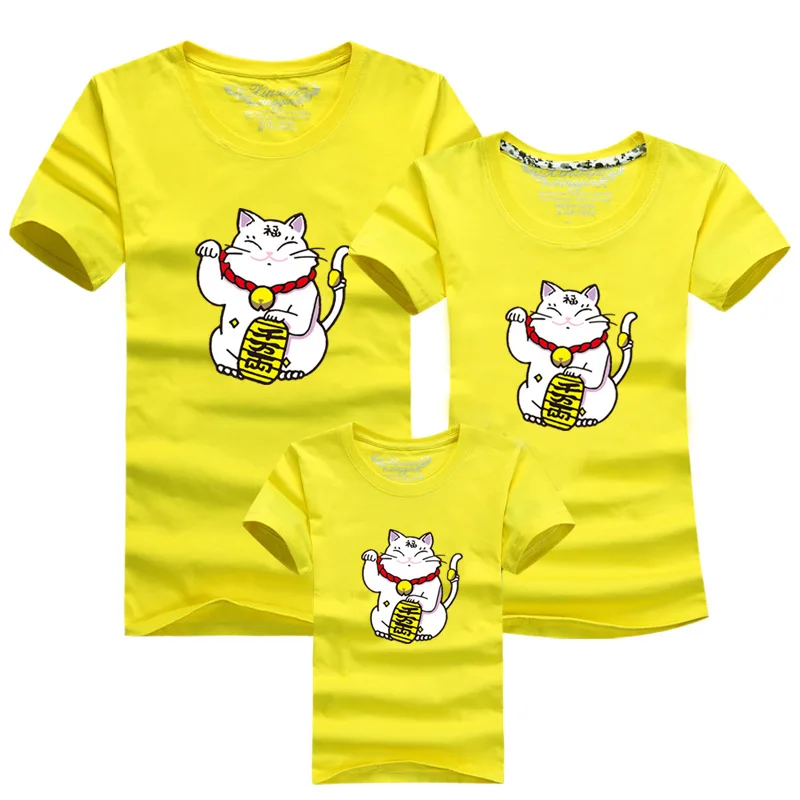 الوالدين والطفل تي شيرت داخلي/في الهواء الطلق الأنشطة الترفيه Manekineko يطبع ترتدي الفتيان الفتيات منعش تي شيرتات قطن