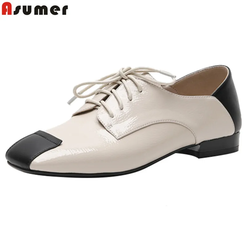 

ASUMER Plus size 33-43 New lace up women flats mixed color suqare toe spring autumn casual flat shoes footwear ladies shoes