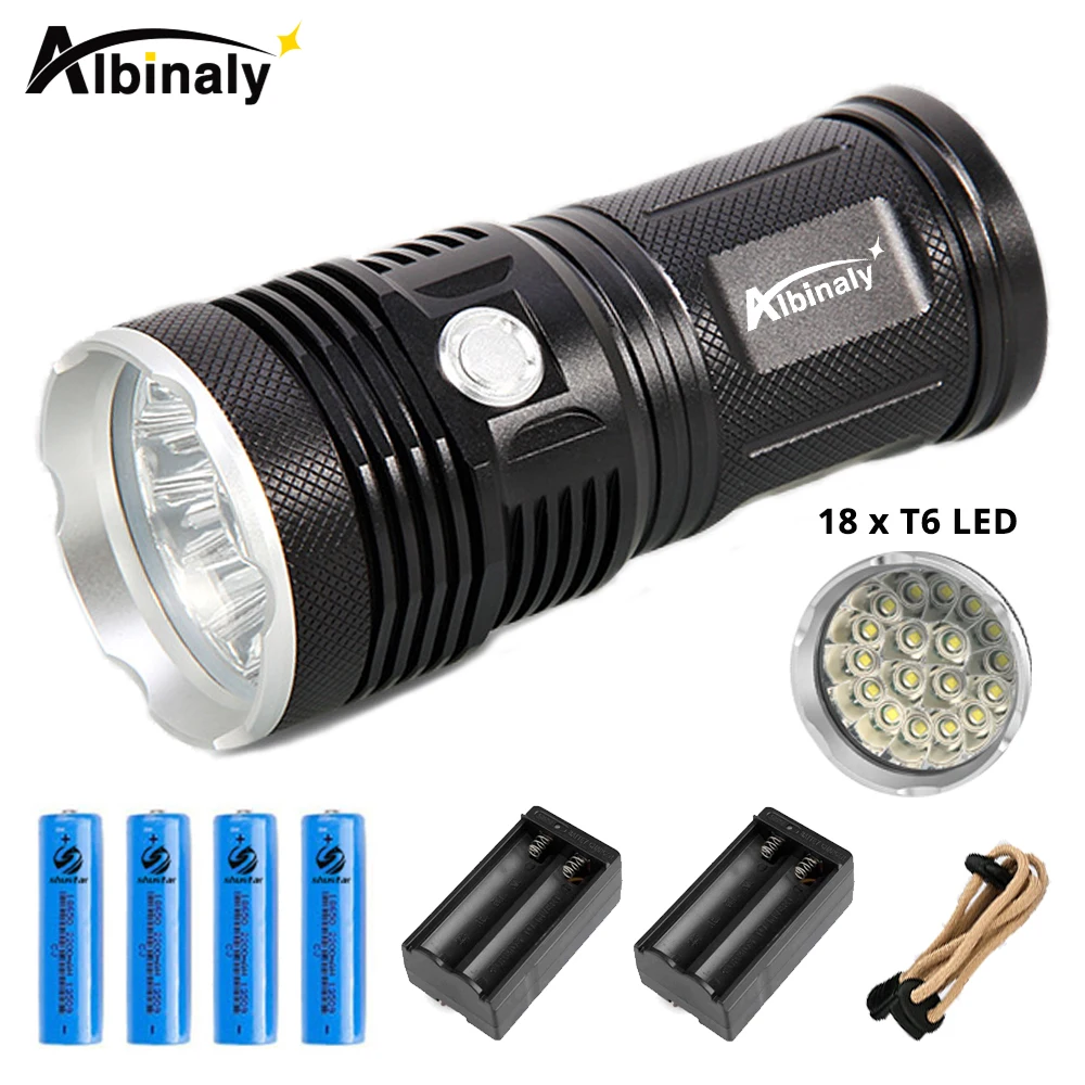 

High Power LED flashlight searchlight 18 x T6 LED torch waterproof flashlight For adventure, camping Powered by 4 18650 battery