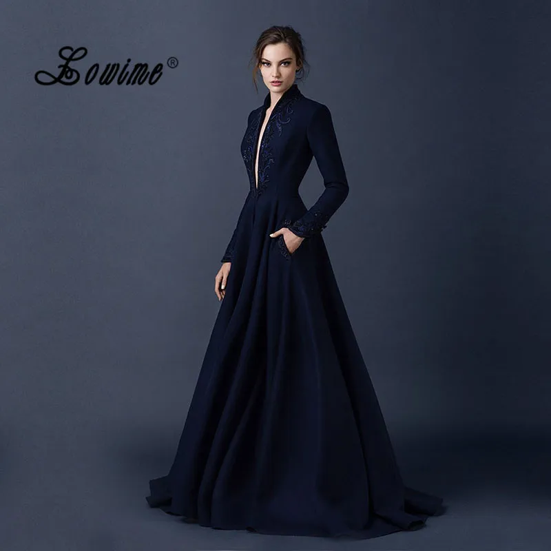Deep blue long sleeve evening gown