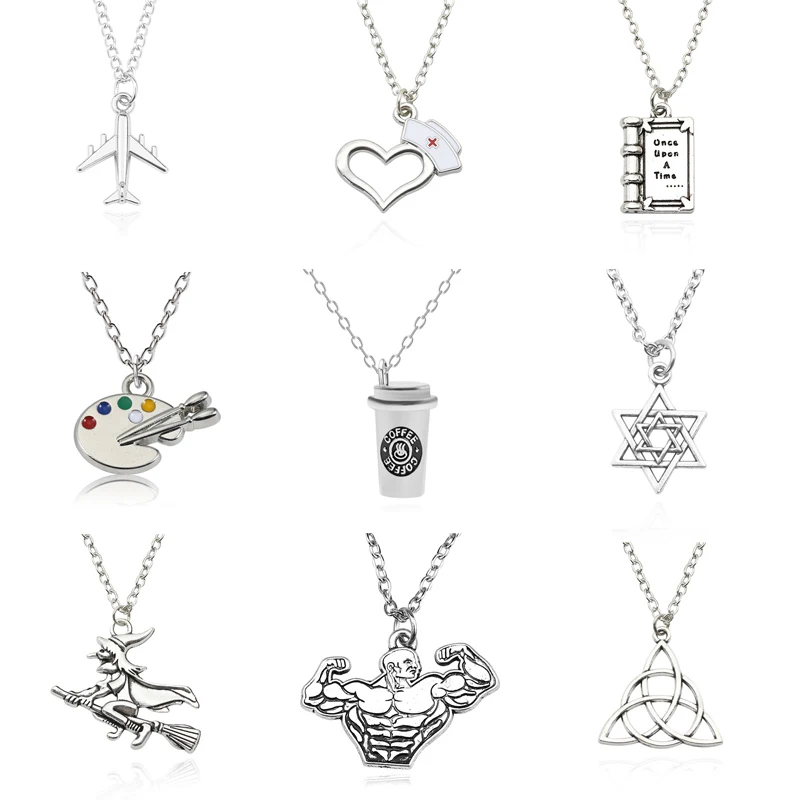

Diy Fairy Tale Book Airplane Hexagram Triangle Coffee Cup Pendant Necklace Medical Nurse Hat Dance Sport Girls Jewelry Collares