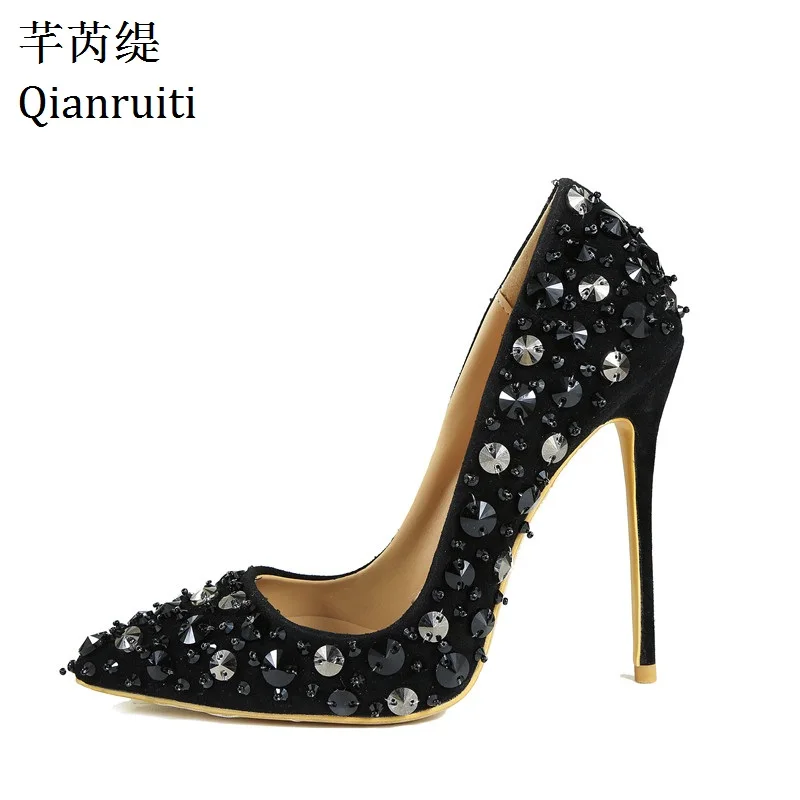 Femmes Black Pointu on Clouté 12 Slip Cm Rivets Bout Peu Talons Minces Noir Hauts Qianruiti Profonde 1 Super Pompes Sexy 2 Chaussures black xqXwHZpIC