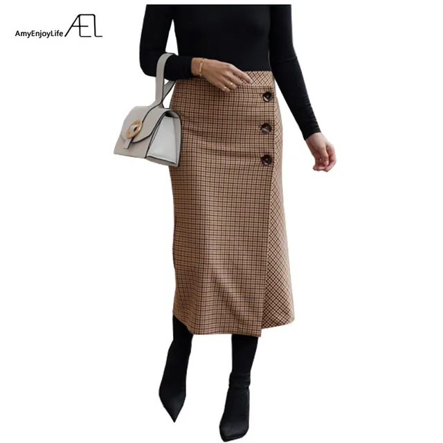 US $28.08 AEL Retro Female Hight Waist Asymmetry Woolen Midi Skirt Wrap New Plaid Women Clothing Vintage Fash