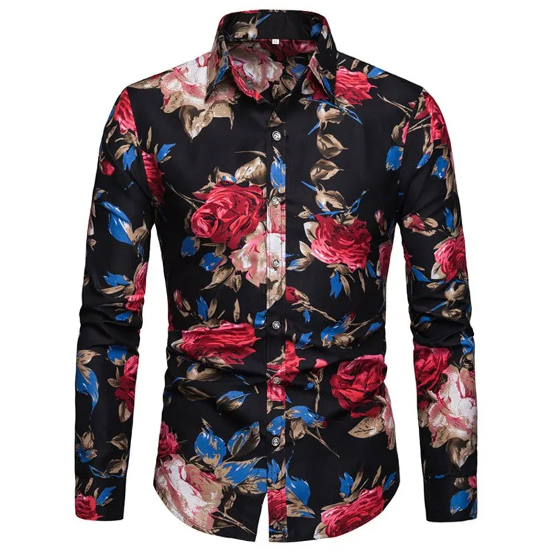 

Spring and Autumn New Europe and America Men's XL Long Sleeve Print Shirt Fat Fat Brother Shirt Men's Beach