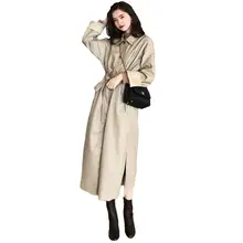 Женское винтажное длинное кожаное пальто весна-осень, Женская ветровка из искусственной овчины, элегантная тонкая верхняя одежда из искусственной кожи V961