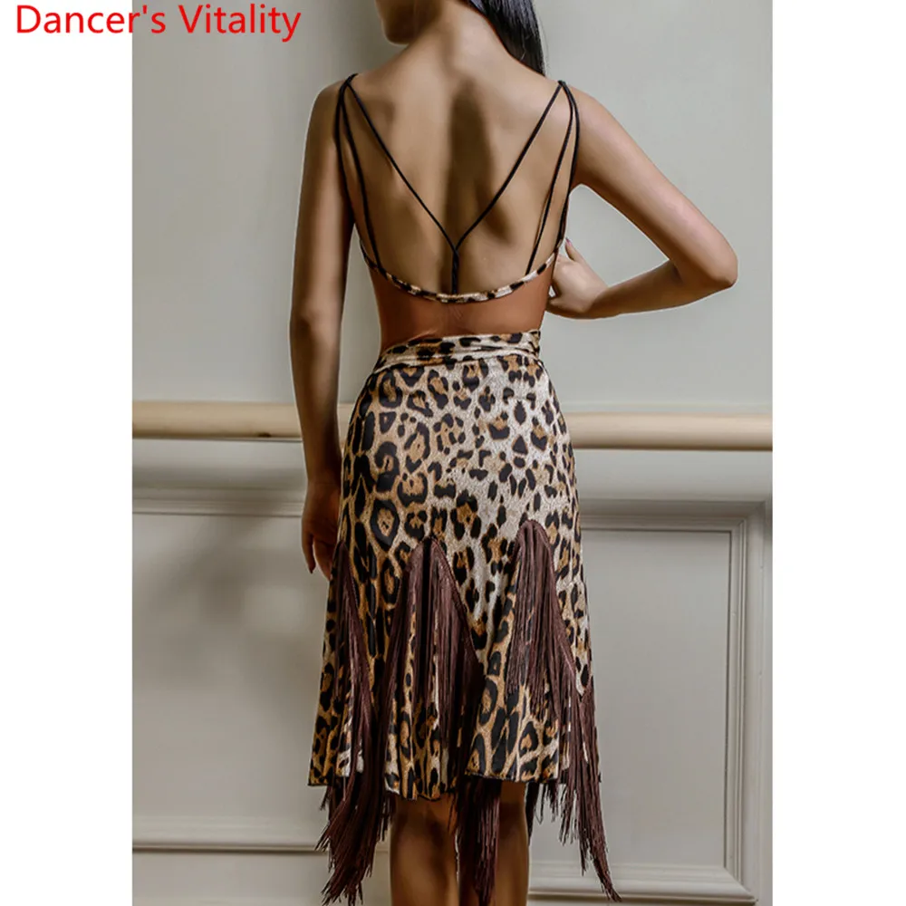 Костюмы для латинских танцев, одежда с кисточками, леопардовая шнуровка, раздельная юбка с подштанниками для женщин, Румба Самба Танго конкурс танцев, одежда