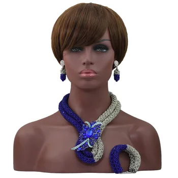 

Latest Royal Blue/Silver Beauty Jewelry Set African Bride Crystal Floral Costume Necklace Set Flower Brooch Free Shipping HX694