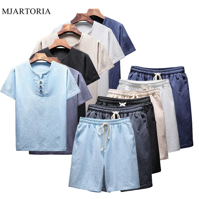 

Casual Summer Men 2 Pieces Sets Button O Neck T Shirt +Drawstring Shorts Modish Tracksuit Straight Cotton Fitness Ensemble Homme