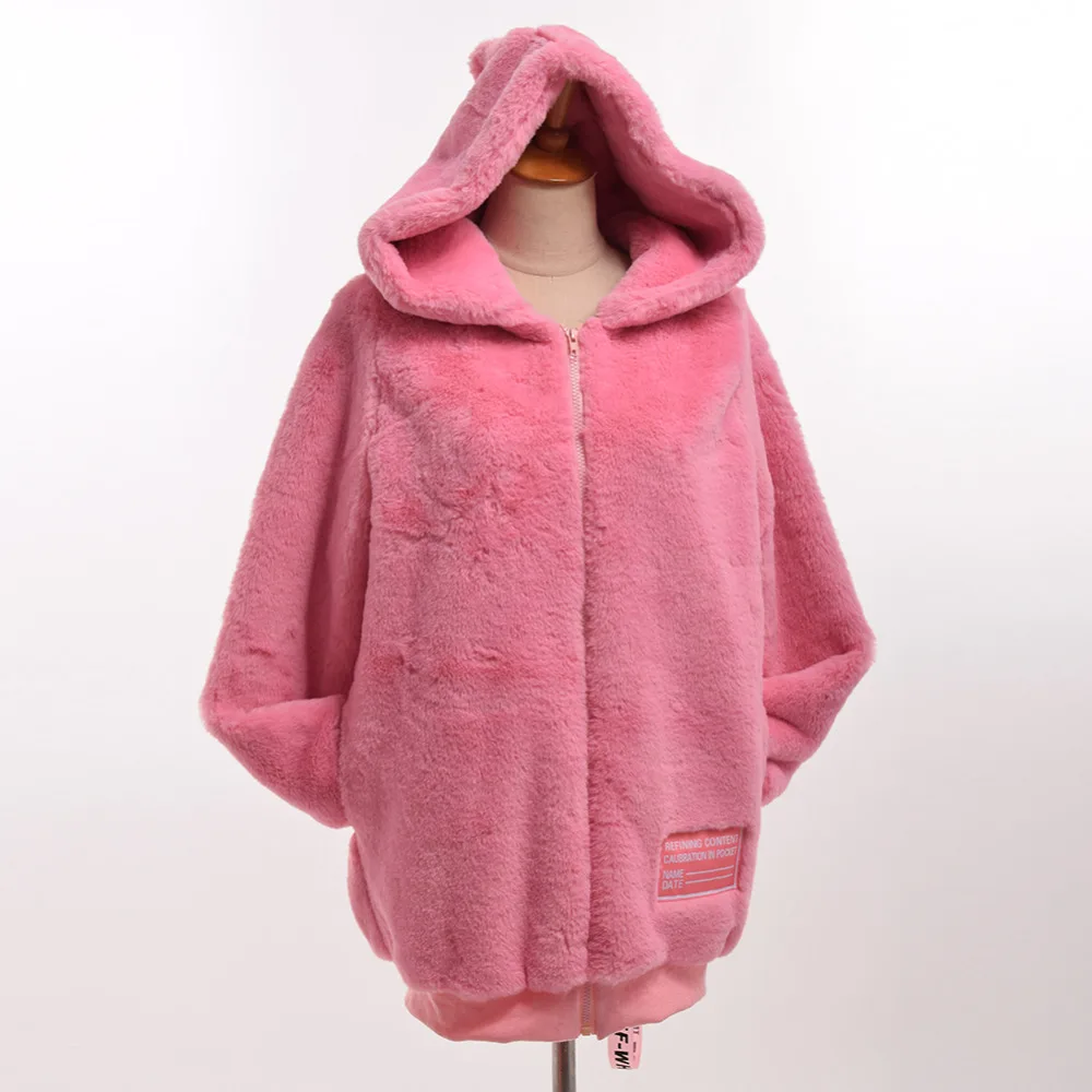 Women Winter Harajuku Hooded Pink Fleece Coat Pink Warm Jacket Outwear ...