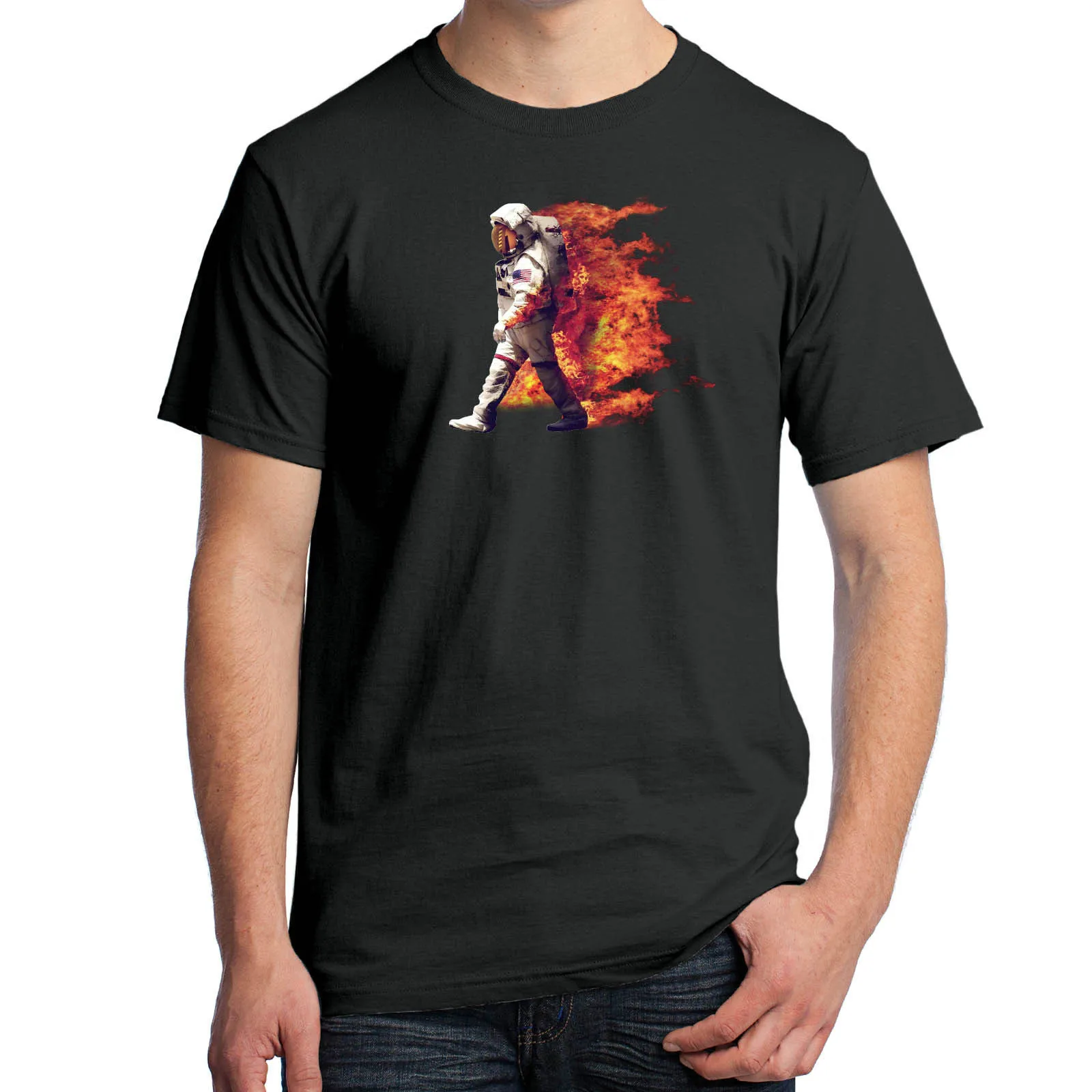 

Unique Trendy Design Astronaut on Fire Graphic T-Shirt Space Travel Mars Men's Short Sleeve Tees Cool Fashion