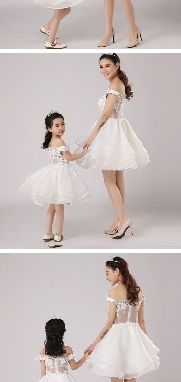 Women Kids Mother Daughter Wedding Dress Off Shoulder White Mom and Daughter Tutu Dress Performance Clothing Family Outfits Look