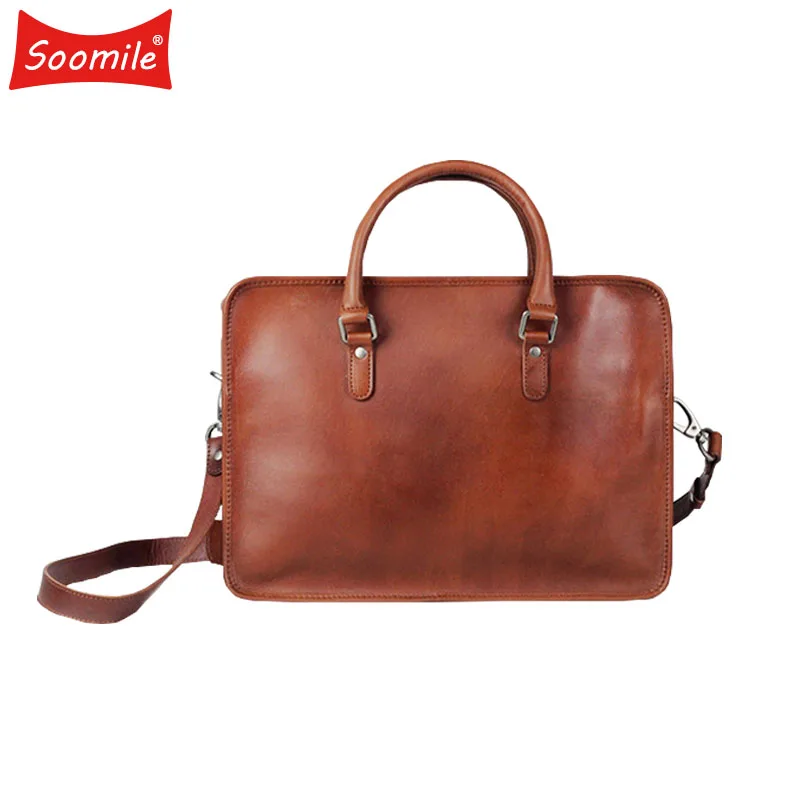 

Soomile Men Genuine Leather Briefcase Handbags Leather Laptop Bag Big Shoulder Crossbody Bags for Man Luxury Messenger Bags