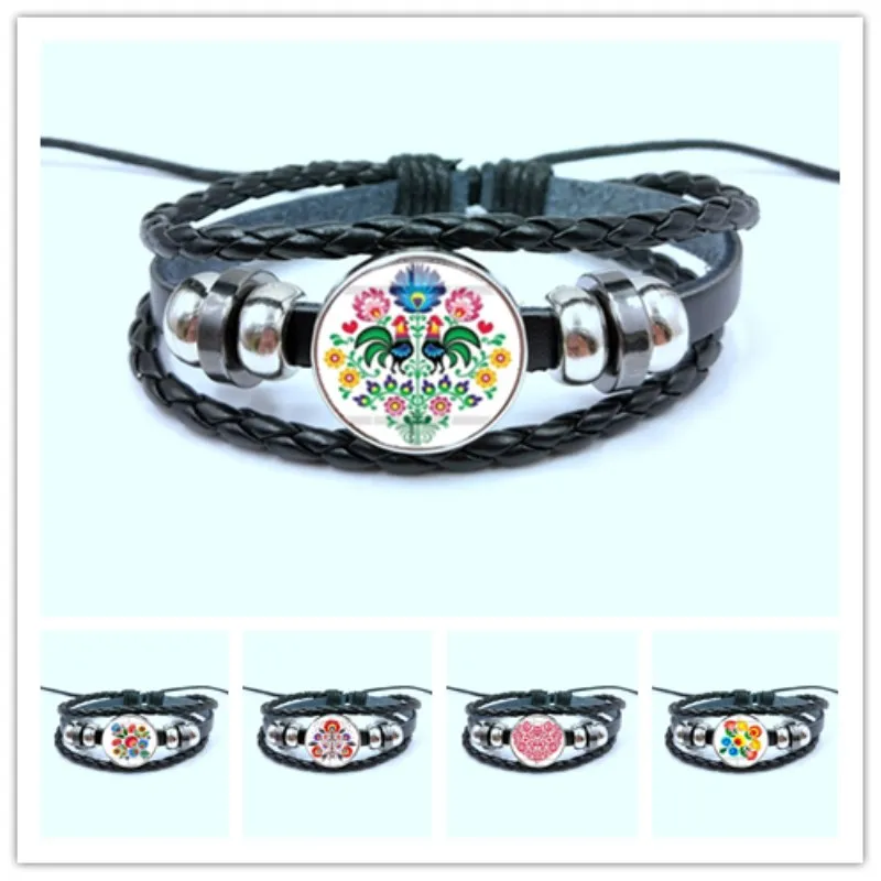 

Bohemia New Design Women Leather Bracelet Unique Polish Folk Art Pattern Glass Cabochon Charm button Bracelet Hand Jewelry