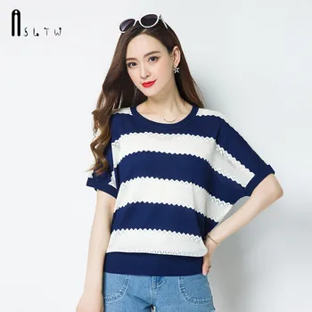 

ASLTW 5 Colors Women Summer T-Shirt New Fashion Hollow Striped T-shirts for Women Short Sleeve Thin Plus Size Female Tops