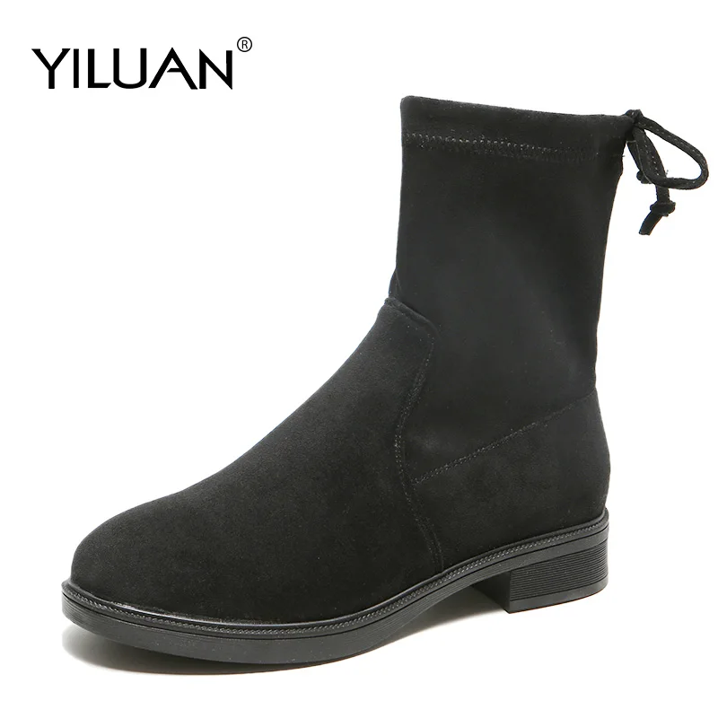 

Short tube elastic boots 2020 autumn winter slim skinny thick with flat Flock Motorcycle boots round head casual women's boots
