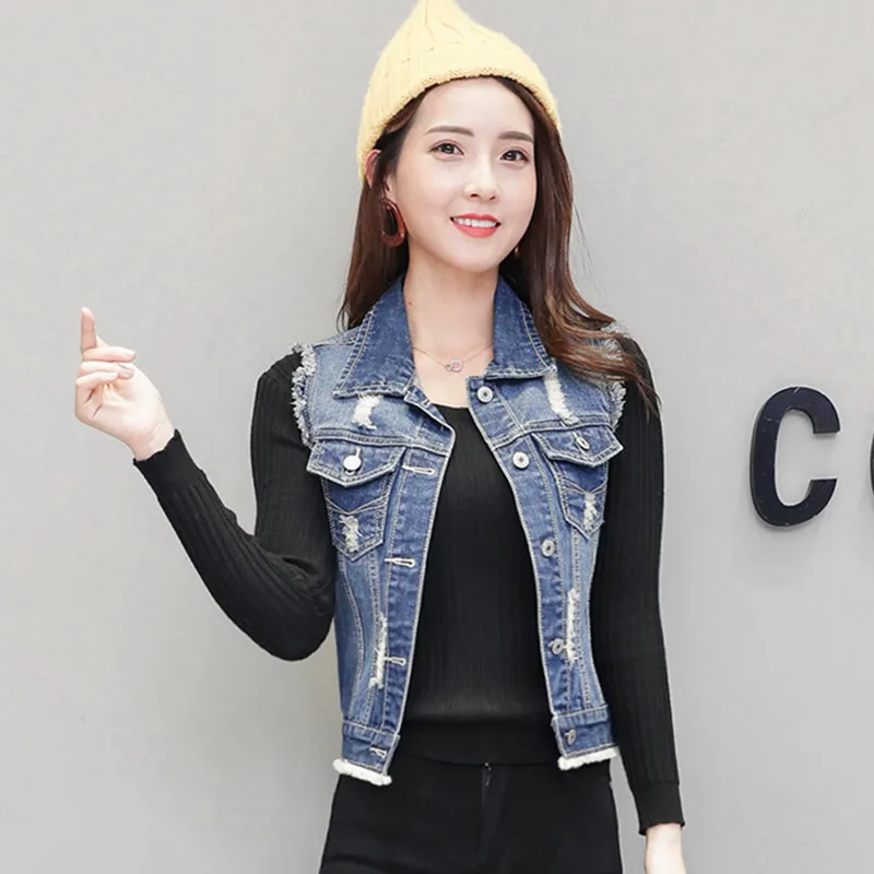 

2019 Fashion Short Denim Vest Women Korean frayed Lapel Sleeveless Outerwear Lady Slim Burr Vintage Jeans Jackets Plus Size 4XL