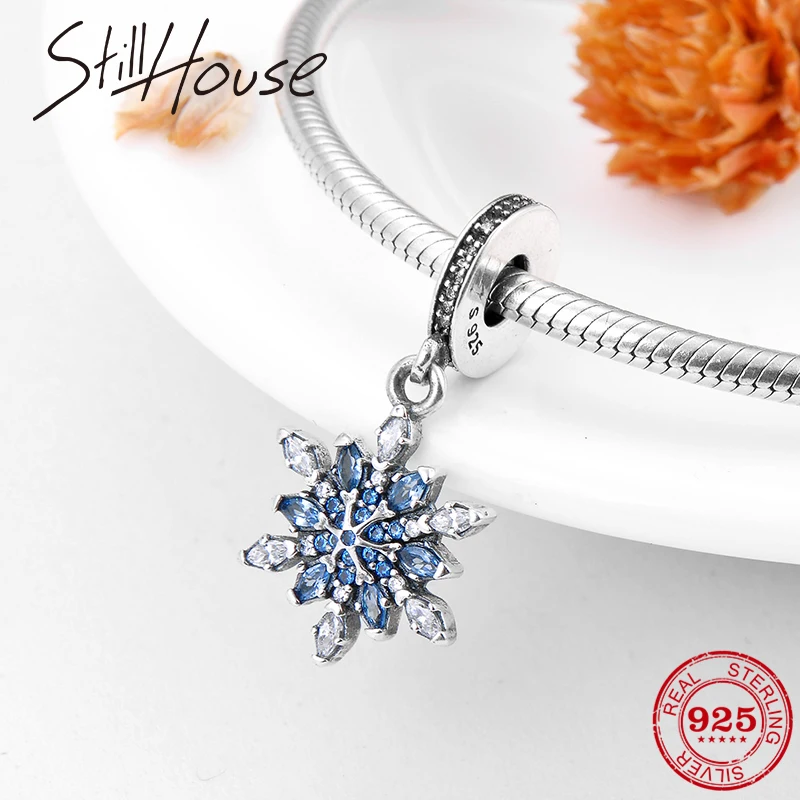 

High quality CZ Charming 925 Silver Blue Snowflake floating Charms for Jewelry Making Fit Original Pandora Necklaces Bracelets