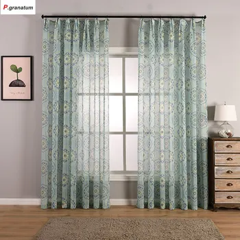 

Single Panels Blue Tulle Curtains For Living Room Printed Window Treatments Classic Style Flower Pattern Sheer Curtains drapes