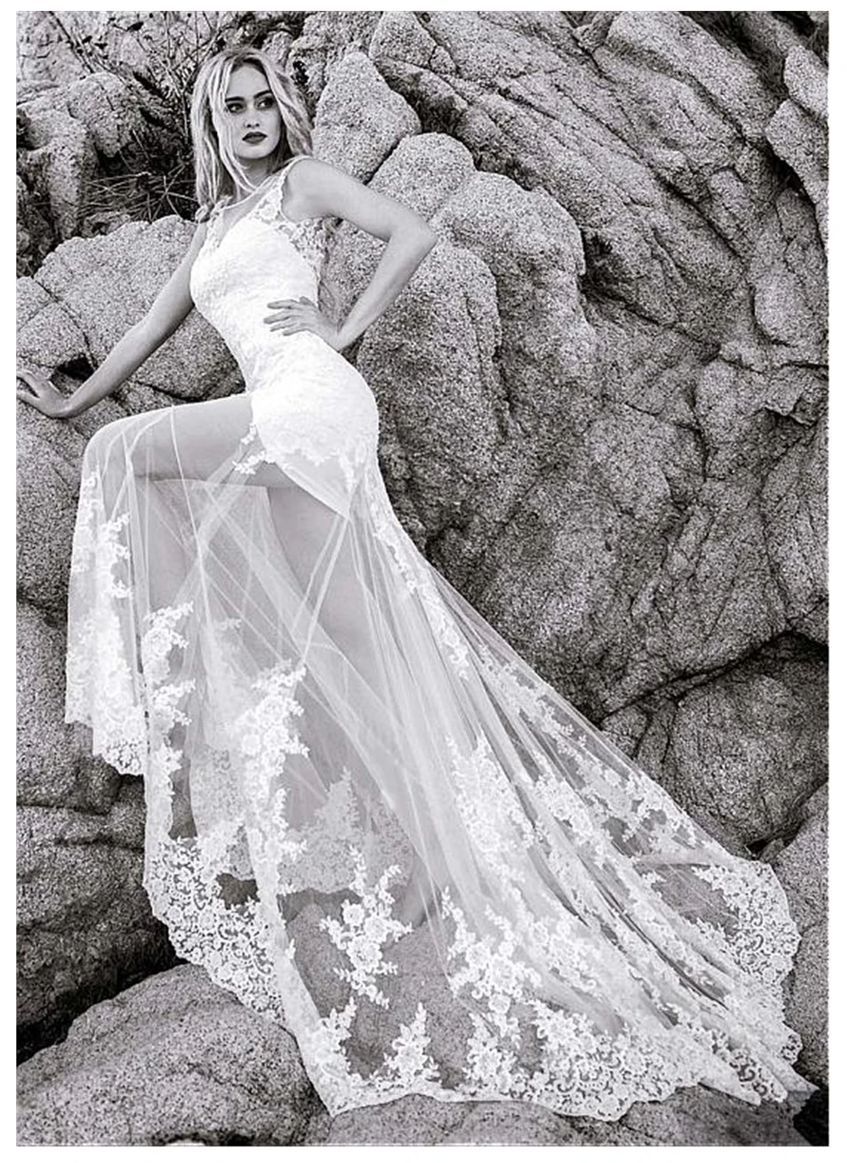 LORIE Новое пляжное свадебное платье принцессы, кружевное платье невесты с аппликацией, свадебное платье со съемным шлейфом без рукавов, платье невесты