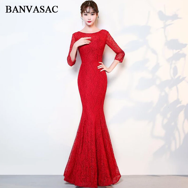BANVASAC 2018 кружевное длинное вечернее платье с вышивкой и круглым вырезом вечерние