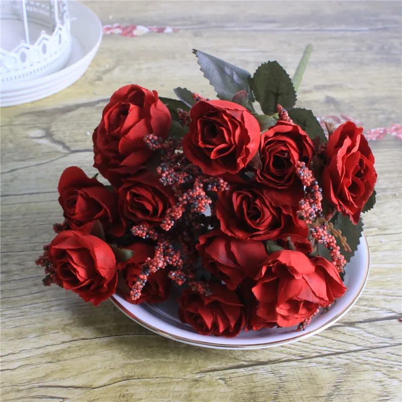 Роспись Маслом роза Искусственные цветы букет для дома свадебное украшение идеальное качество Шелковый Искусственный цветок вечерние Декор 15 голов - Цвет: Red