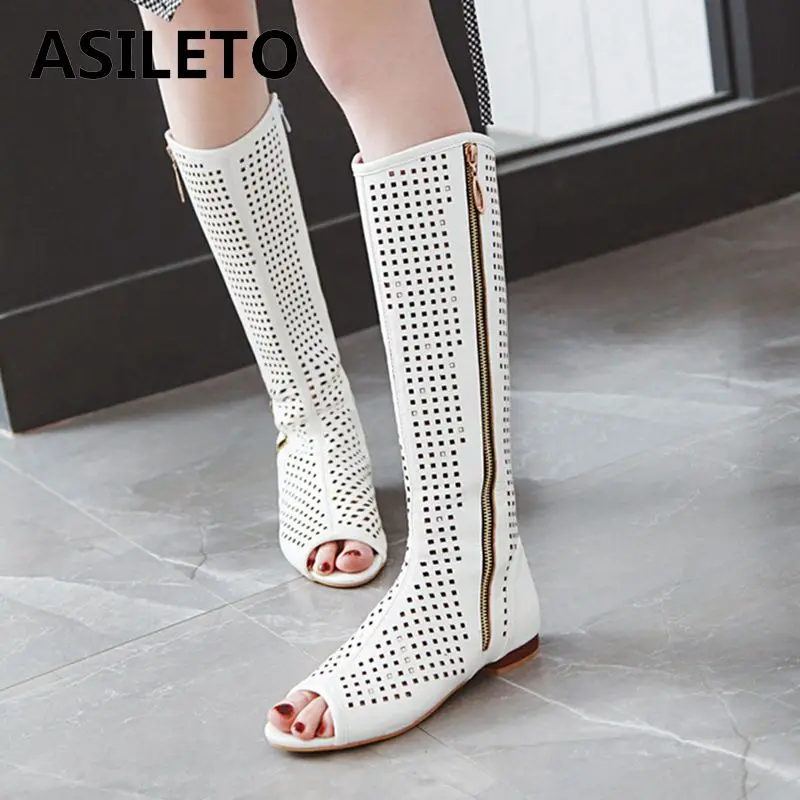 

ASILETO size 43 Women Mid-calf boots zipper summer Hollow cool mujer flats girls boots Peep open toe white casual shoes woman