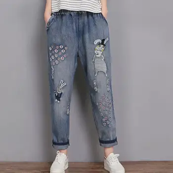 

Plus size loose denim embroidery woemn denim pants 2019 spring autumn new fashion hole casual style female jeans gx952