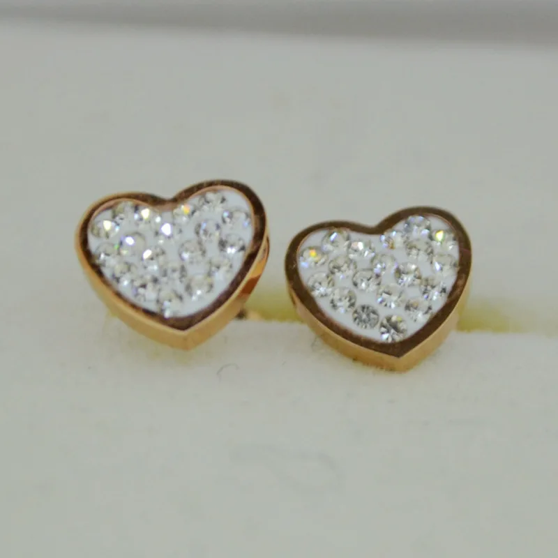 Серьги-гвоздики из нержавеющей стали с сердечками для женщин, цветные серьги из розового золота, ювелирные изделия с кристаллами