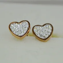 Серьги-гвоздики из нержавеющей стали с сердечками для женщин, цветные серьги из розового золота, ювелирные изделия с кристаллами