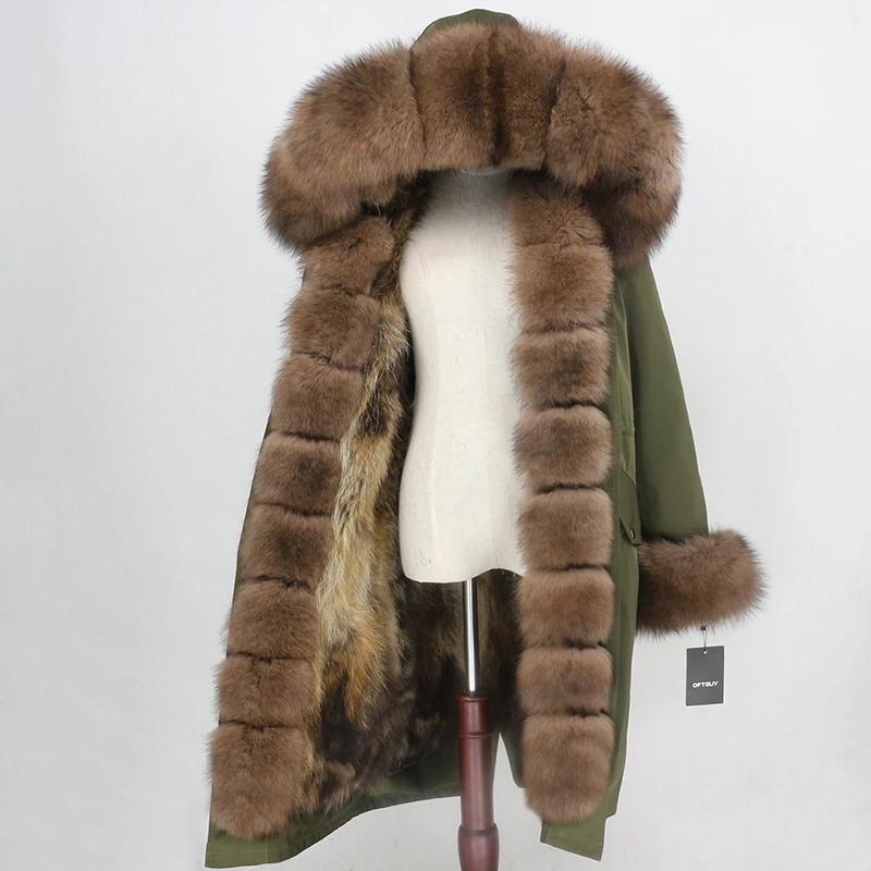OFTBUY, зимняя женская куртка, пальто с натуральным мехом, удлиненная парка, водонепроницаемая верхняя одежда, Воротник из натурального Лисьего меха, капюшон, подкладка из лисьего меха, съемная - Цвет: green natural brown