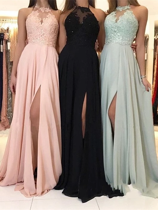 Elegant Halter Lace Evening Dress 2019 Long Chiffon Prom Dress With Slit 129
