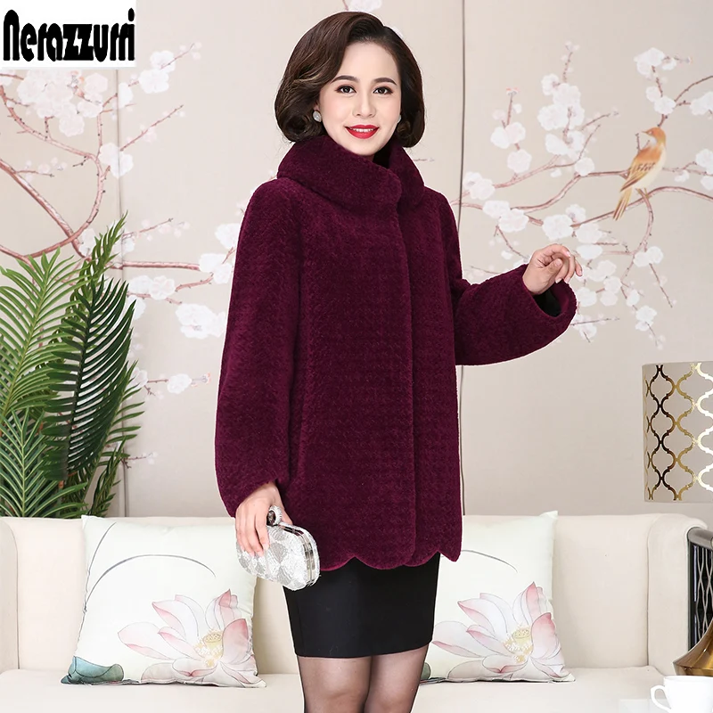 

Nerazzurri Winter real fur coats for women sheep fur jacket long sleeve lamb shearling coat big size natural fur jacket 5xl 6xl