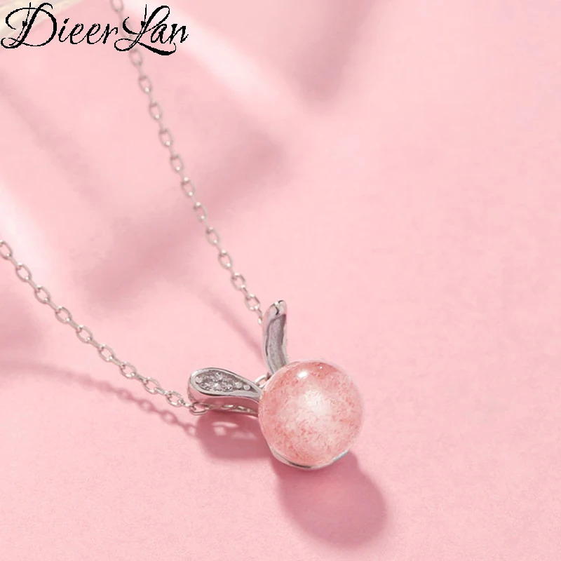 

DIEERLAN 925 Sterling Silver Pink Crystal Ball Rabbit Ear Necklaces Women Colgante Pingente de plata kolye bijoux