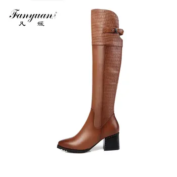 

Fanyua nWomen Autumn Winter Thick High Heel Genuine Leather Boots Buckle Zipper Fashion Warm Knee High Boots