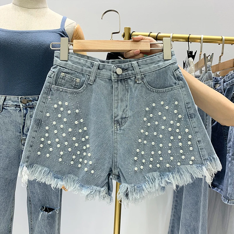 FMFSSOM New Summer Tassel Bead Decoration Solid Women Shorts Denim High Waist Slim Fit Casual Female Bottoms Jeans Shorts