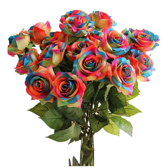 Искусственные розы свадебный букет свадебные украшения пряди-12 шт(цвет радуги