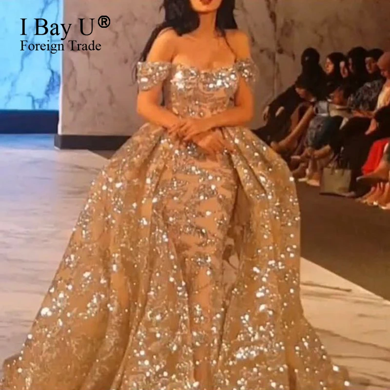 

Elegant Glitter Lace Appliqued Sexy Evening Dresses 2017 Mermaid Bodice Hand Pleated Big Train Muslim Turkish Evening Gowns