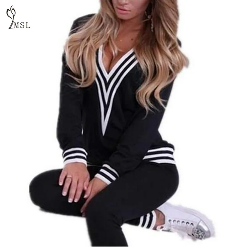 

Stripe Patchwork 2 Two Pieces Set Top and Pants Women Plus Size Deep V-neck Tracksuit Long Sleeves Suit Hoodies Sweatshirt 2018