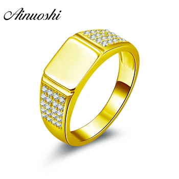 

AINUOSHI Generous Smooth Gold Men Ring 14K Solid Yellow Gold Male Ring Rows Drill Engagement Wedding Jewelry Wide Wedding Band