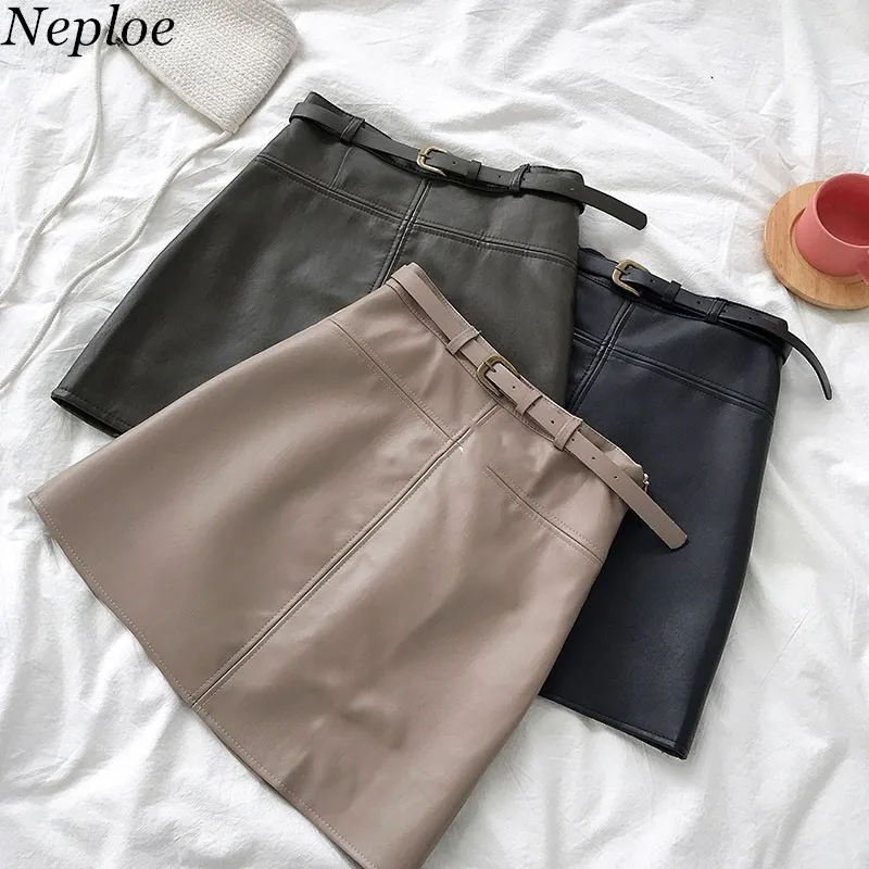 

Neploe PU Leather 2019 Autumn Winter New Women Skirt High Waist Solid Sashes Mini Skirt A-Line Korean Above Knee Skirt 68501