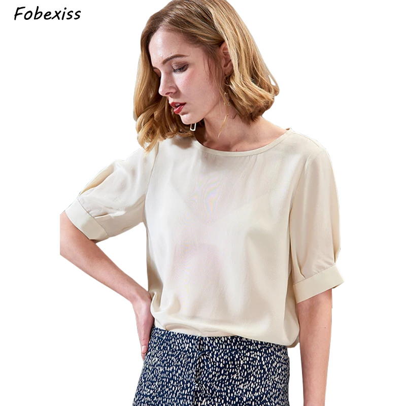 

100% Natural Silk Tees Shirt Summer 2019 New Short Sleeve Real Silk Black Top Harajuku Casual Kawaii Plus Size Women Silk Tops