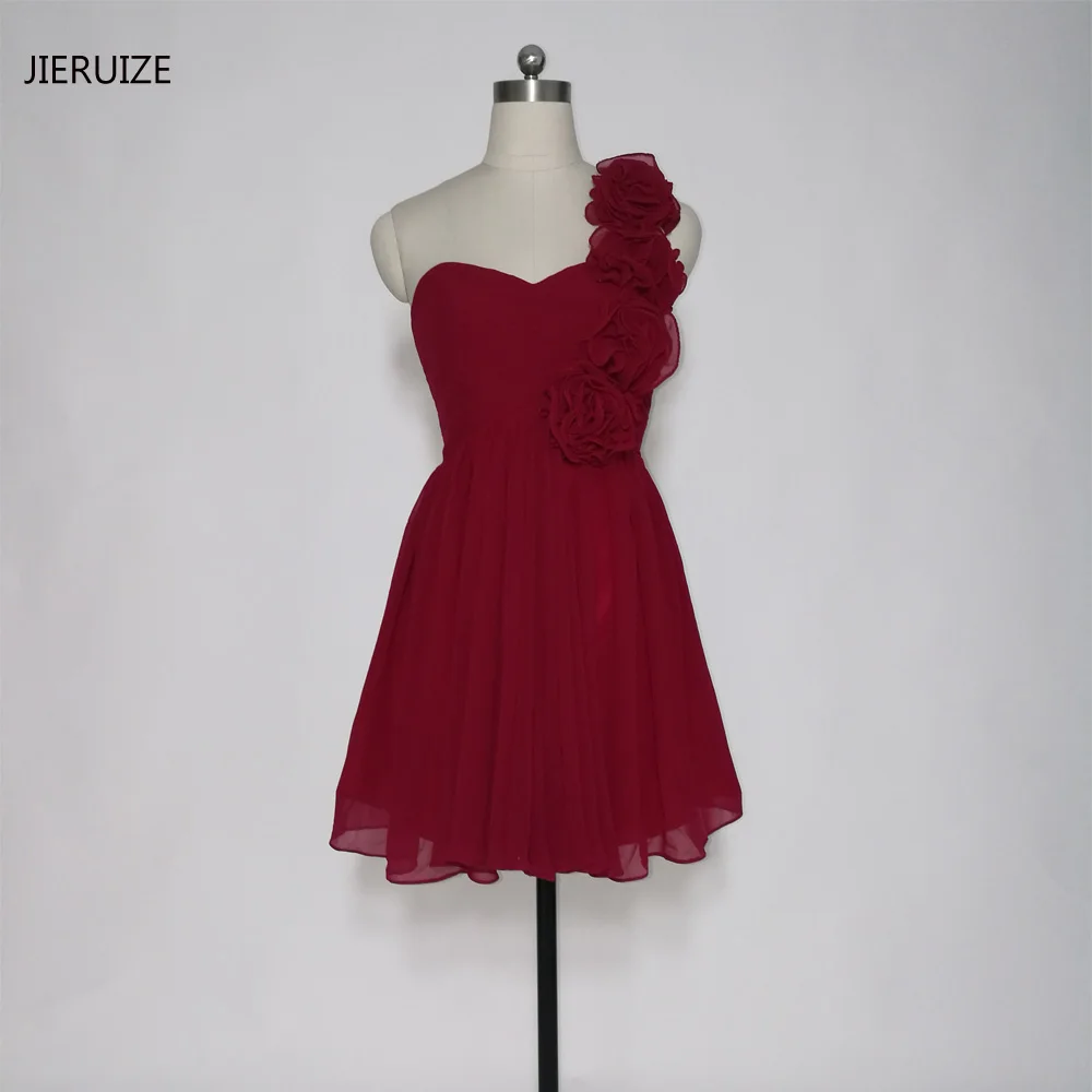 JIERUIZE Burgundy Chiffon One Shoulder Short Prom Dresses Flowers JIERUIZE Burgundy Chiffon One Shoulder Short Prom Dresses Flowers