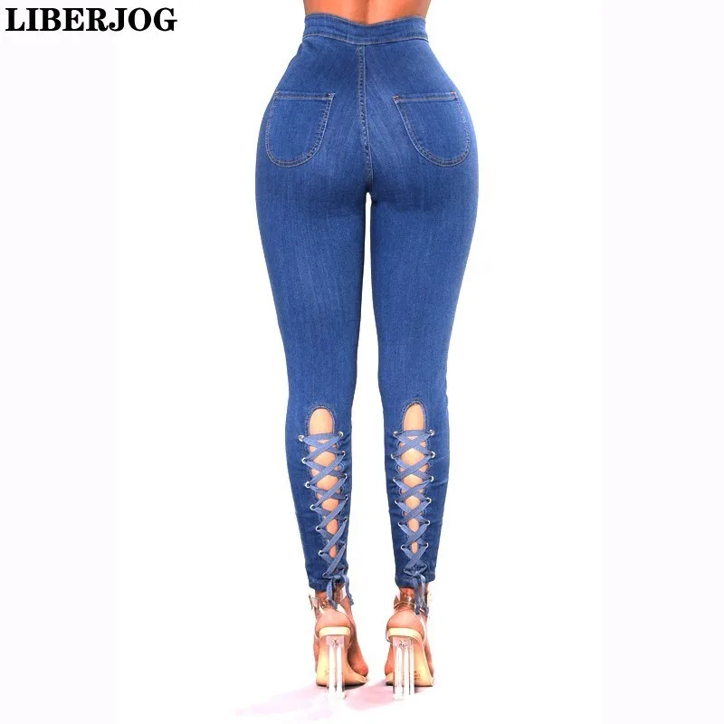 LIBERJOG Women Jeans Elastic Skinny Cotton Softner Female Slim Pencil Pants Ribbon Perforated Denim Trousers Spring Autumn LIBERJOG Women Jeans Elastic Skinny Cotton Softner Female Slim Pencil Pants Ribbon Perforated Denim Trousers Spring Autumn