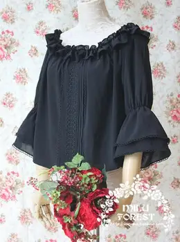 

Custom Made Milu Forest Chiffon Top Off the Shoulder Black/White Half Flare Sleeve Lolita Chiffon Blouse