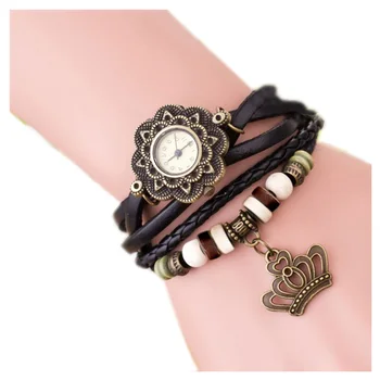 

Weaving Coils Quartz Analog Vintage Leather Bracelet Ladies Watch (Crown, Black)
