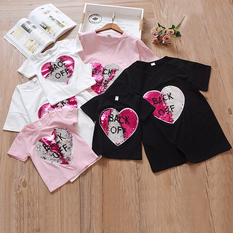 

2-12Y Girls T Shirts Summer 2018 Cotton Children's Short Sleeve Tops Casual Sequins Discoloration Tees for Kids Girls Clothes