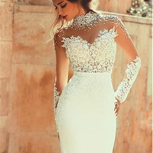 Изысканная прозрачная задняя оболочка с высоким вырезом и жемчуг Длинные рукава прозрачные в пол свадебные платья сексуальные с открытой спиной