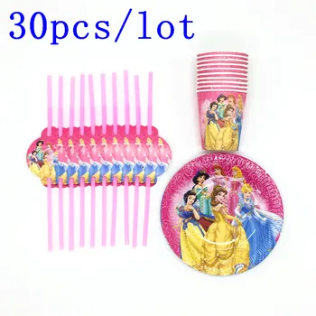 

Hot Six princess theme design 30Pcs children birthday party decoration supplies Princess Belle plastic straw cup plate supply