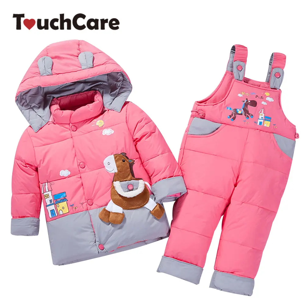 

TouchCare Winter Children White Duck Down Jacket Pants Clothing Set Girls Baby Coat Suspender Trousers thicken Ski Suit Overalls