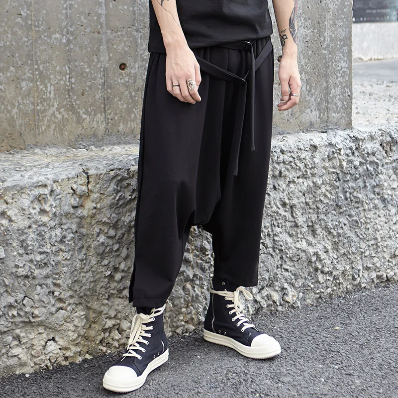 Мужские темно-черные стильные низкие брюки со стрелкой мужские модные повседневные свободные танцевальные шаровары уличная хип-хоп юбка в готическом стиле брюки